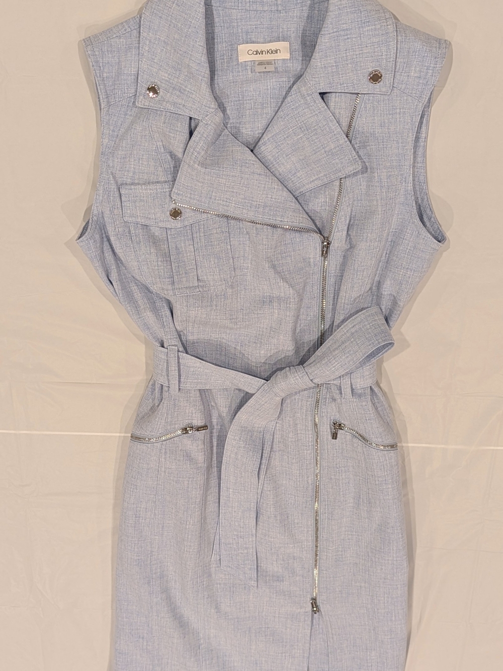 Calvin Klein Pale Blue Sleeveless Belted Dress with Silver Hardware